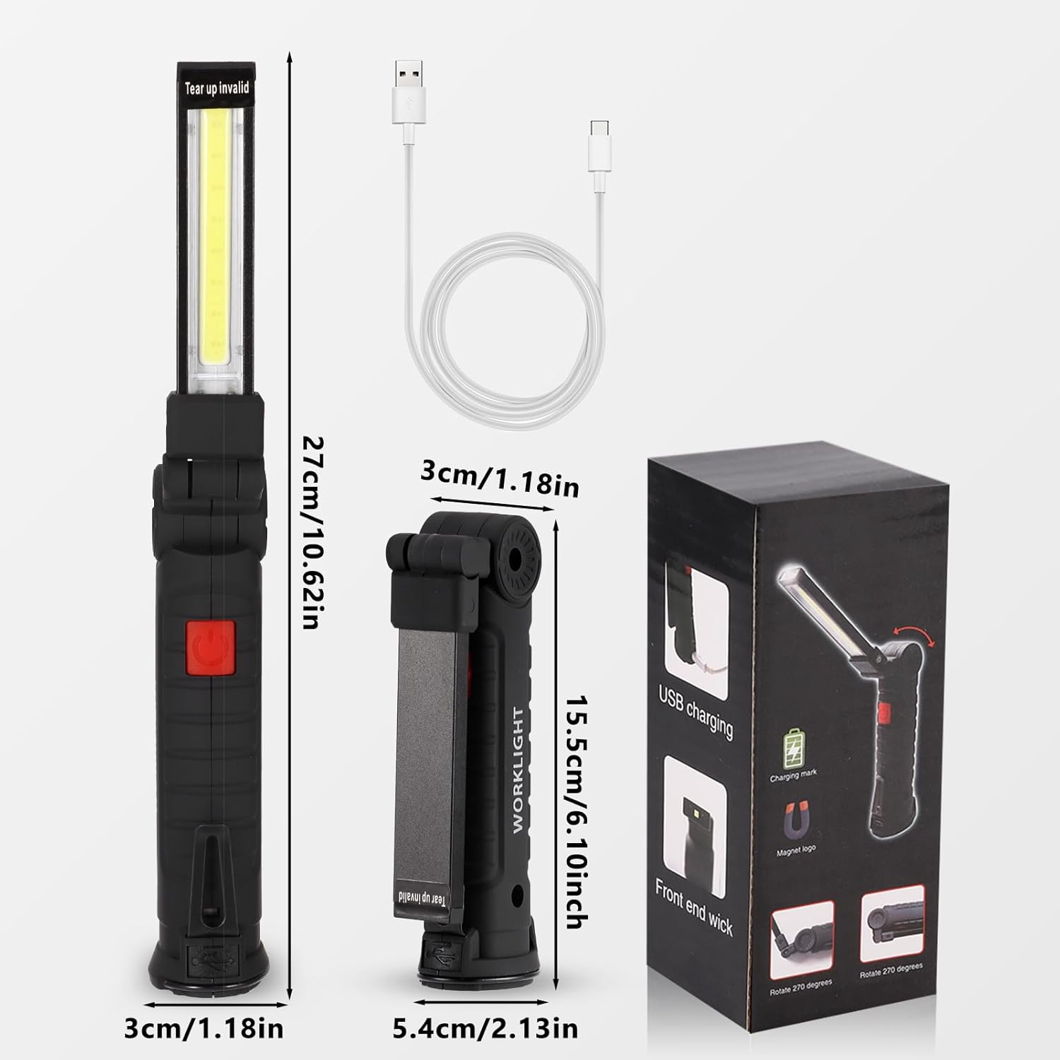 Portable COB LED Flashlight USB Rechargeable Work Light Magnetic Lanterna Hanging Lamp with Built-in Battery Camping Torch
