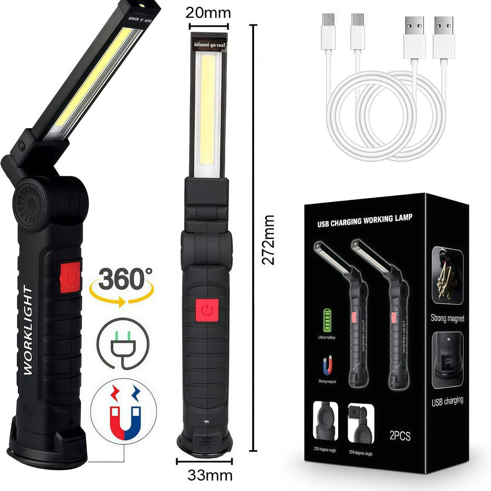 Portable COB LED Flashlight USB Rechargeable Work Light Magnetic Lanterna Hanging Lamp with Built-in Battery Camping Torch