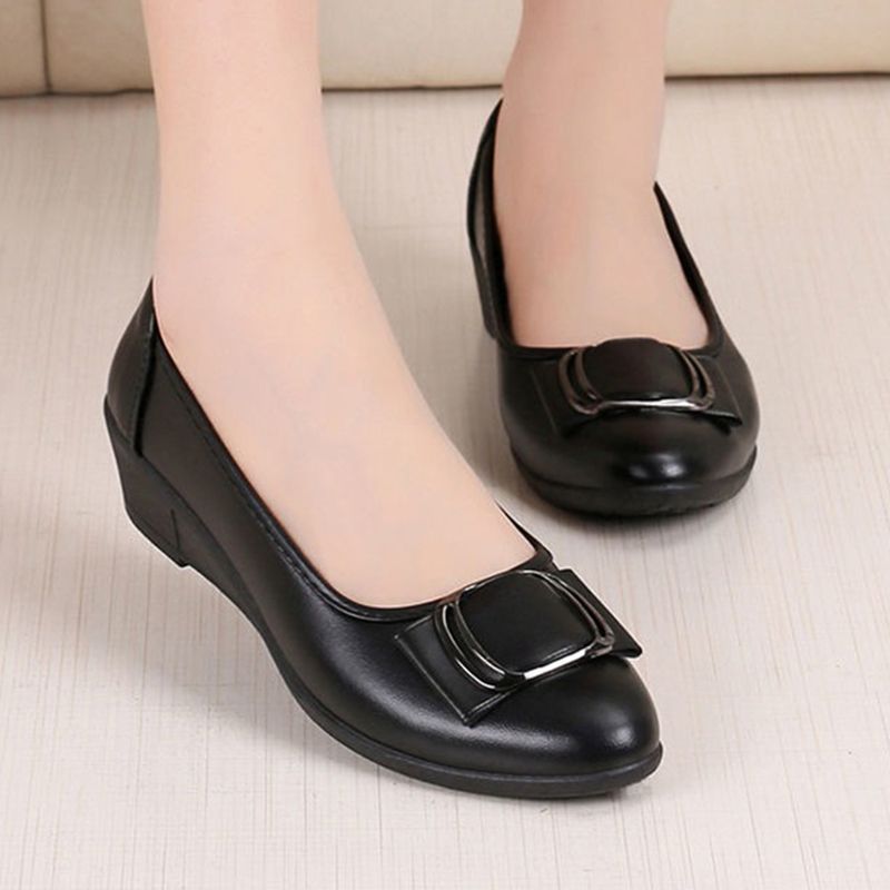 Women's flat shoes fashionable soft soled comfortable low cut solid color round toe work shoes ladies shoes women's leather shoes mother's shoes soft leather shoes women's singles shoes black shoes Black,EU37