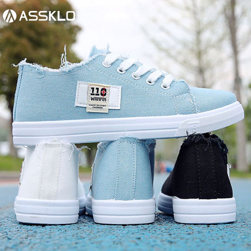 ASSKLO rubber flat shoes canvas shoes sports shoes classic women's shoes ladies shoes slip resistant breathable denim casual shoes women's running shoes student and girl sneakers fashion gifts