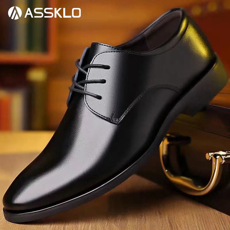 ASSKLO business formal leather shoes for men fashionable and elegant Rubber outsole with raised pointed toe for men lace up leather shoes for weddings groom's leather shoes for leisure