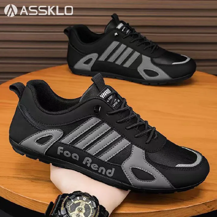 ASSKLO New PU Leather Shoes trendy genuine versatile wear-resistant breathable board shoes MensTrendy Sport Sneaker Lace Up Footwear military training soft soled sports and leisure shoes foot pedals