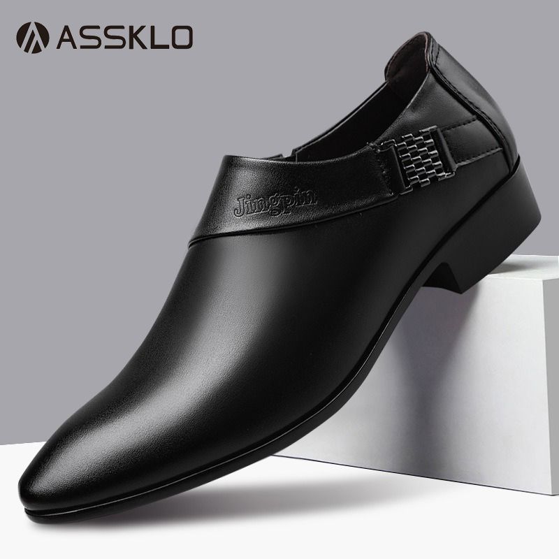 ASSKLO Large Size Full Leather Elegant Men's shoes men's leather shoes British Business Shoes Men Pointed Leather Formal Office Oxford Casual Moccasins Work high rise black Men Formal Shoes