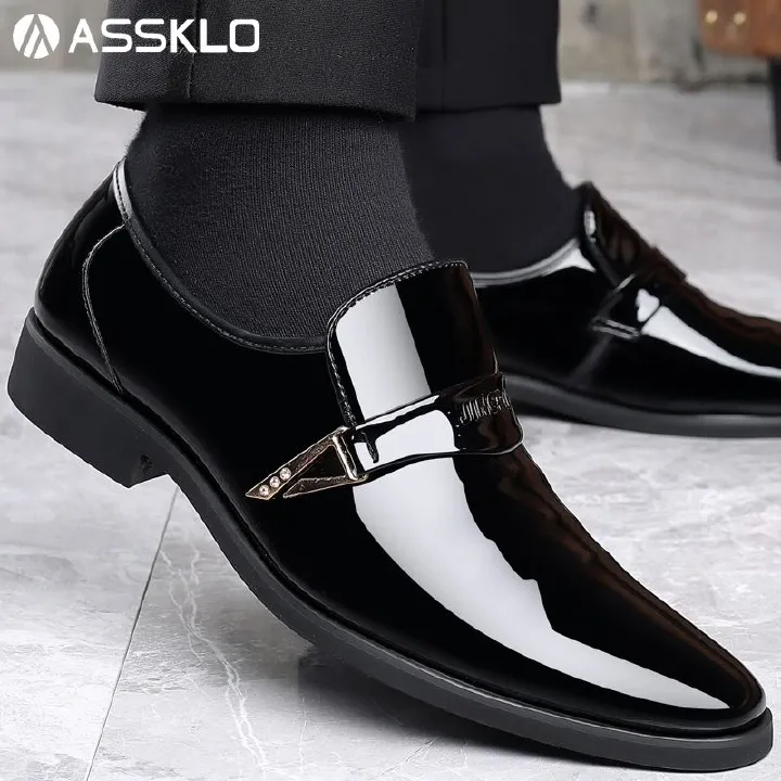 ASSKLO business formal leather shoes exhibition leather shoes increased height breathability odor resistance durability men's casual wedding groom's leather shoes pointed shiny【choose bigger size 】