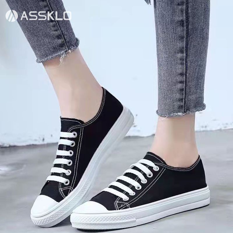 ASSKLO Flats shoes flat heel low top solid color black women's canvas small white shoes versatile version