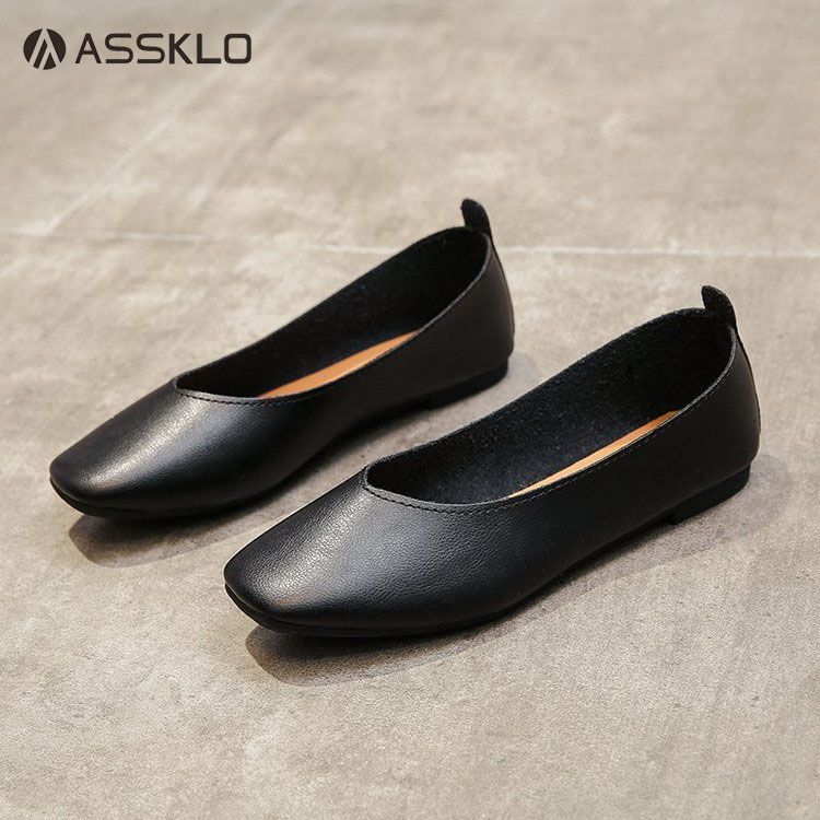 ASSKLO Women's flats leather shoes new walking casual PU leather soft leather women's retro flat shoes square toe shallow beanie shoes lazy shoes soft and comfortable