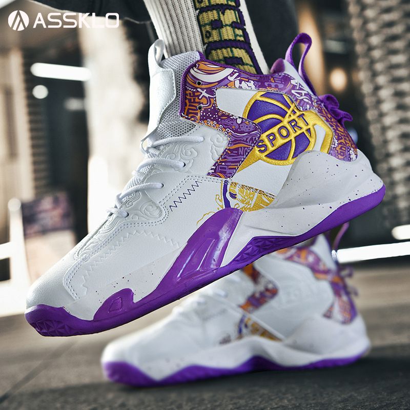 ASSKLO Men's women's basketball shoes autumn and winter leather print graffiti wear-resistant anti-slip couple sneakers trendy sneakers