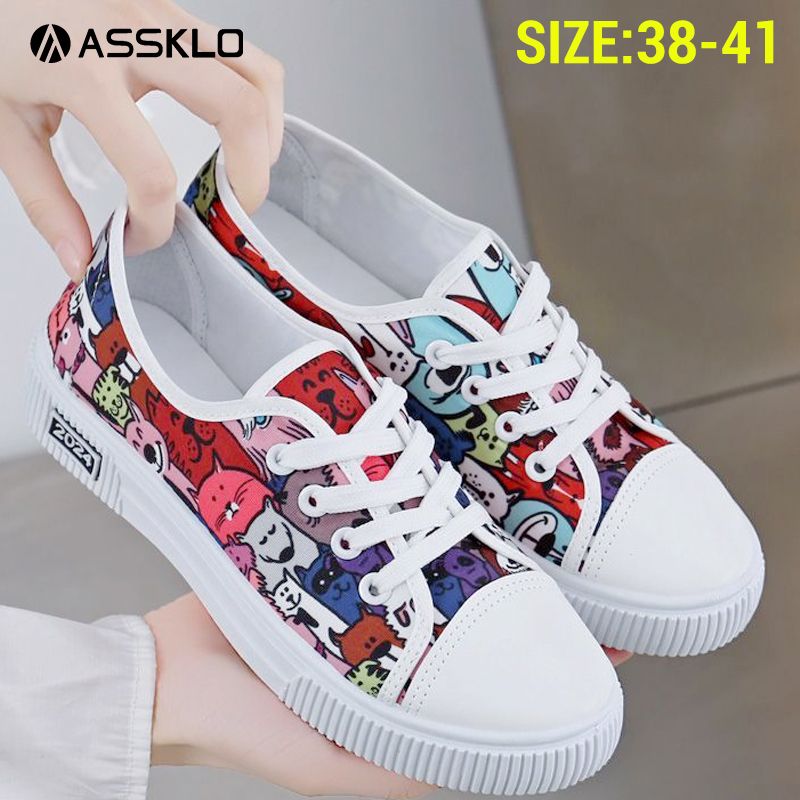 ASSKLO New Canvas Flats Shoes Large Size Casual Sports Lady Shoes Sneakers Woman Shoes Women Low Top Classic Board Shoes Slip-ons Shoes Loafers Street Shoes Female Student Shoes Versatile Breathable