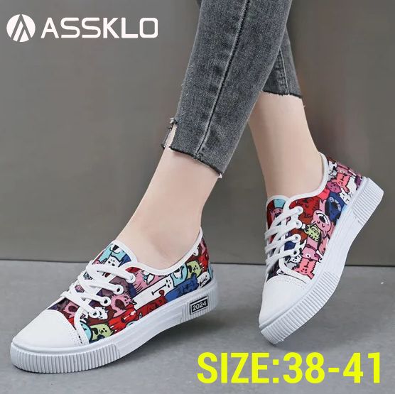 ASSKLO New Canvas Flats Shoes Large Size Casual Sports Lady Shoes Sneakers Woman Shoes Women Low Top Classic Board Shoes Slip-ons Shoes Loafers Street Shoes Female Student Shoes Versatile Breathable