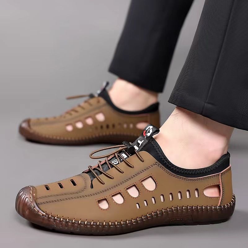2025 NEW Men Leather Sandals PU Leather Loafers Non-slip Cow Tendon Sole Casual Shoes Wading Shoes Outdoor Beach Shoes Oxford sneakers Men's Casual Sandals Hollow Out Shoes Flat Business Sandalias