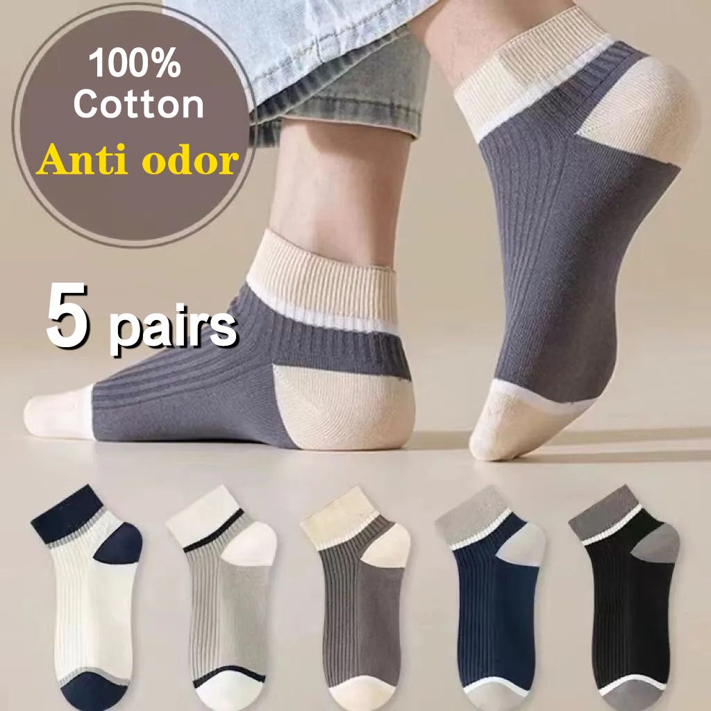 5 Pairs Fashion 100% cotton socks Men's Socks Anti Odor Socks Men Short socks anti odor Ankle Socks Breathable Sweatproof Street Deodorant Invisible Travel Running sports Socks Classy Comfort Freesize