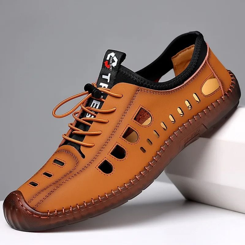 2025 NEW Men Leather Sandals PU Leather Loafers Non-slip Cow Tendon Sole Casual Shoes Wading Shoes Outdoor Beach Shoes Oxford sneakers Men's Casual Sandals Hollow Out Shoes Flat Business Sandalias