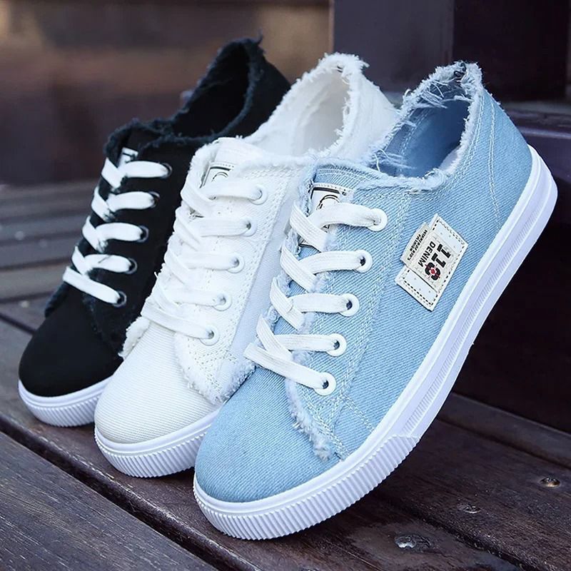 ASSKLO rubber flat shoes canvas shoes sports shoes classic women's shoes ladies shoes slip resistant breathable denim casual shoes running shoes student girl sneakers fashion gifts black blue white