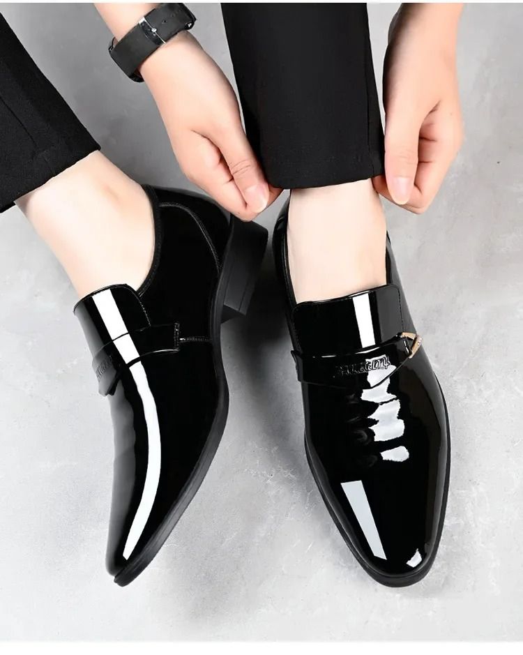 ASSKLO Business formal leather shoes exhibition increased height breathability resistance durability wedding groom's pointed toe slip on loafers dress shoes shiny Black [choose bigger size]