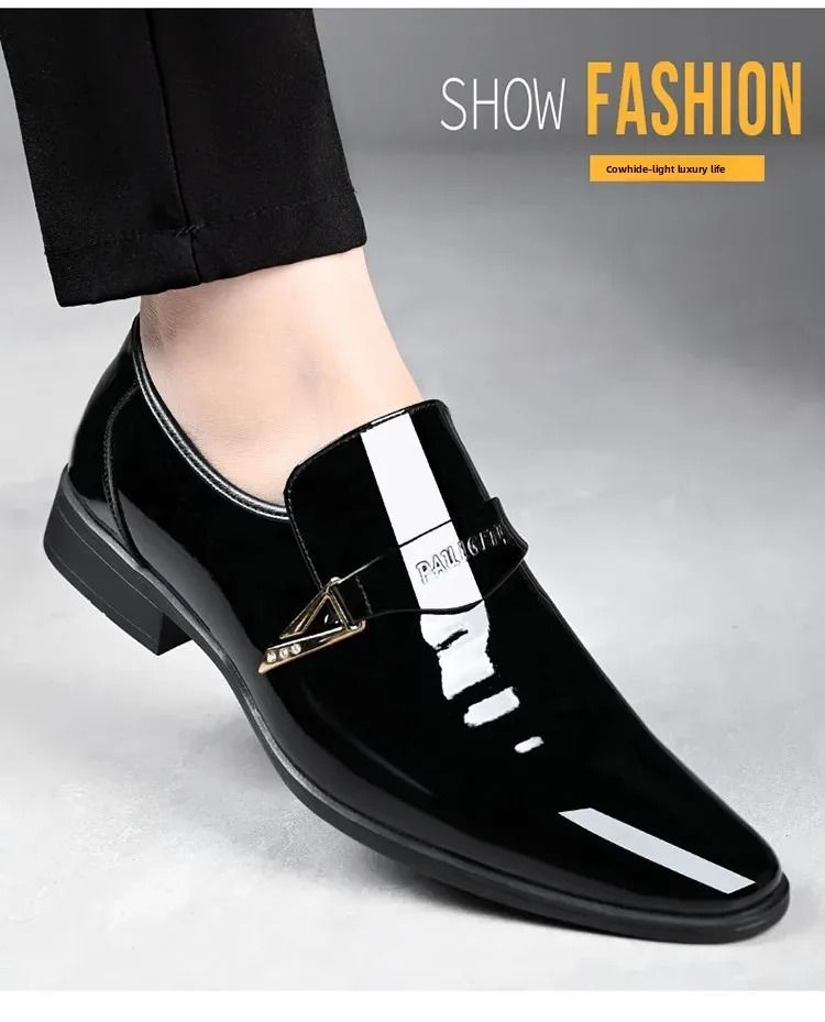 ASSKLO Business formal leather shoes exhibition increased height breathability resistance durability wedding groom's pointed toe slip on loafers dress shoes shiny Black [choose bigger size]