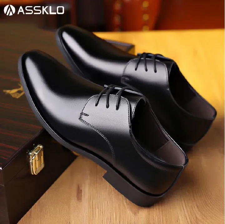 ASSKLO Men's Leather Shoes Artificial Leather Shoes Business Formal Leather Shoes Official Leisure Leather Shoes Men Fashionable elegant Rubber Outsole Weddings Groom's Anti-slip Wear-Resistant black