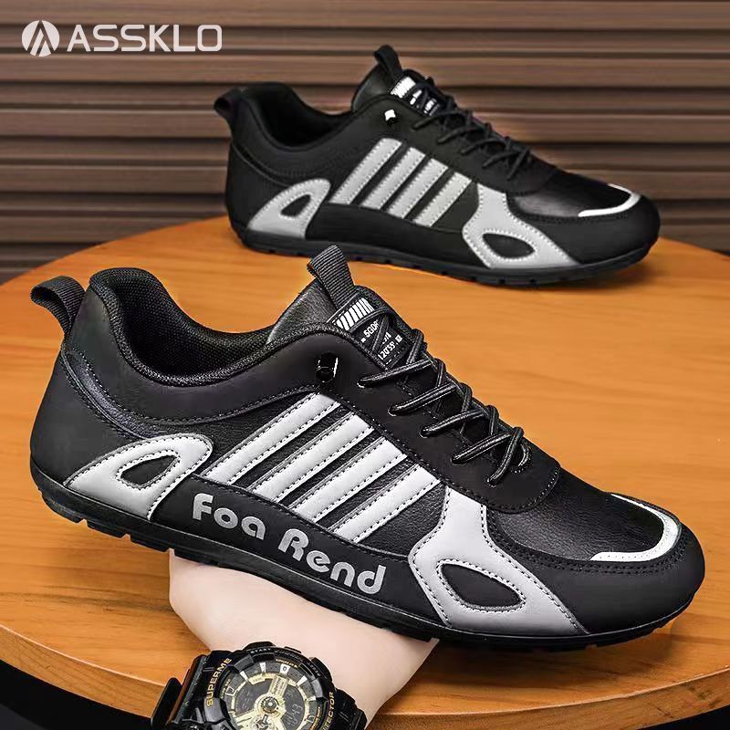 ASSKLO Large size 41-46 New PU Leather Shoes trendy genuine versatile wear-resistant breathable board shoes MensTrendy Sport Sneaker Lace Up Footwear military training soft soled sports leisure shoes