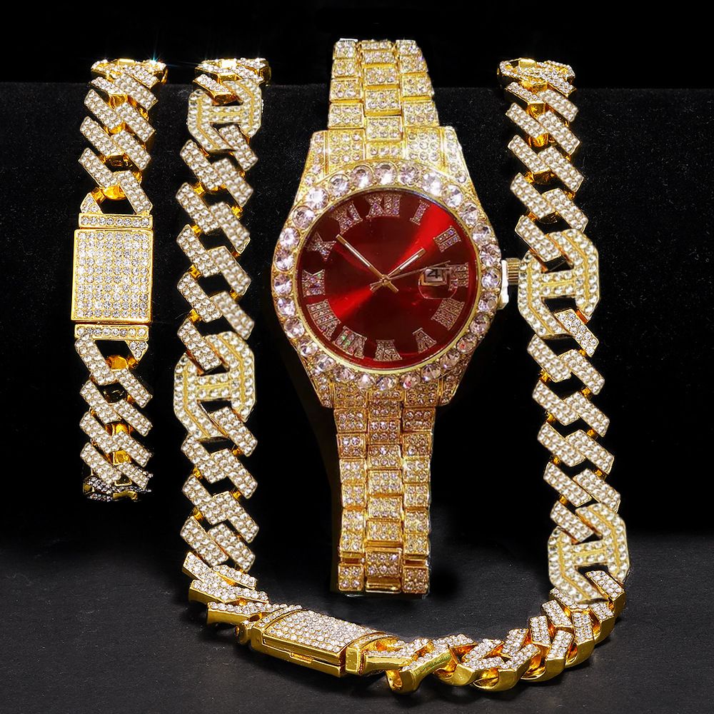 3pcs/set European and American style Hip-hop Diamond Necklace Bracelet Men's Watch Set Gold Quartz  Full Diamond Watch Male Student Steel Band Metal Calendar Gift Set Watch