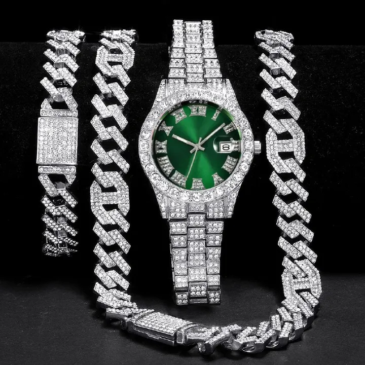 3pcs/set European and American style Hip-hop Diamond Necklace Bracelet Men's Watch Set Silver Quartz  Full Diamond Ice Watch Male Student Steel Band Metal Calendar Gift Set Watch