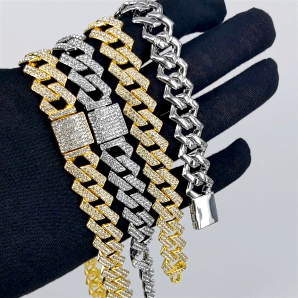 3pcs/set European and American style Hip-hop Diamond Necklace Bracelet Men's Watch Set Silver Quartz  Full Diamond Ice Watch Male Student Steel Band Metal Calendar Gift Set Watch