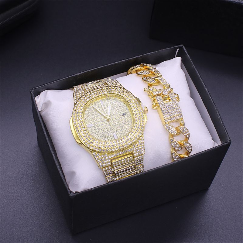 2pcs/set Fashionable Diamond Steel Band Calendar Quartz Watch Gypsophila Men‘s and Women's Hip-hop Cuban Chain Alloy Full Diamond Hip-hop Style Gold-plated men's and women's Bracelets Watch Set