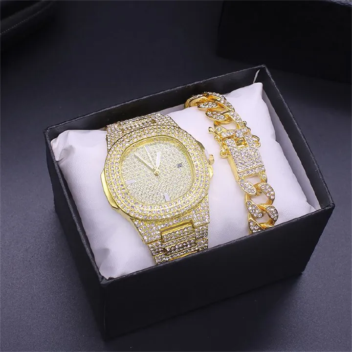 2pcs/set Fashionable Diamond Steel Band Calendar Quartz Watch Gypsophila Men‘s and Women's Hip-hop Cuban Chain Alloy Full Diamond Hip-hop Style Gold-plated men's and women's Bracelets Watch Set