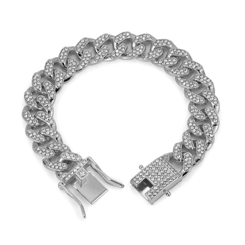 2pcs/set Fashionable Diamond Steel Band Calendar Quartz Watch Gypsophila Men‘s and Women's Hip-hop Cuban Chain Alloy Full Diamond Hip-hop Style Gold-plated men's and women's Bracelets Watch Set