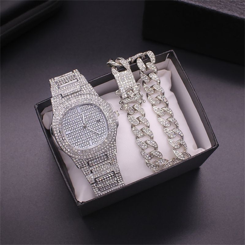 2pcs/set Fashionable Diamond Steel Band Calendar Quartz Watch Gypsophila Men‘s and Women's Hip-hop Cuban Chain Alloy Full Diamond Hip-hop Style Gold-plated men's and women's Bracelets Watch Set