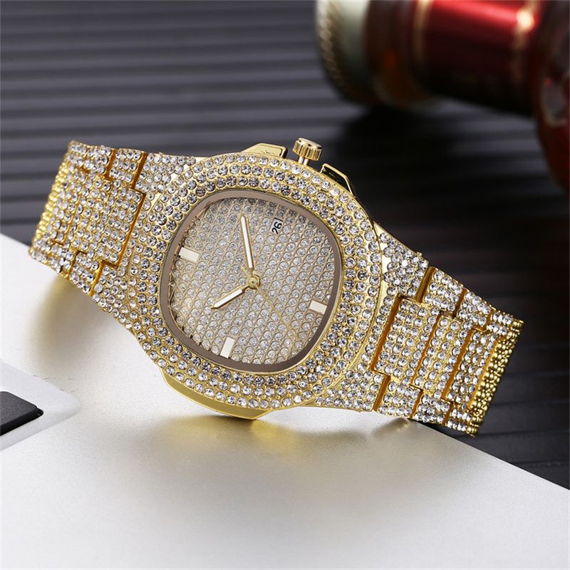 2pcs/set Fashionable Diamond Steel Band Calendar Quartz Watch Gypsophila Men‘s and Women's Hip-hop Cuban Chain Alloy Full Diamond Hip-hop Style Gold-plated men's and women's Bracelets Watch Set