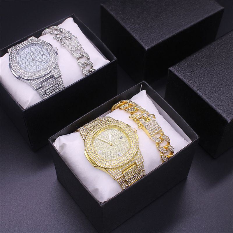 2pcs/set Fashionable Diamond Steel Band Calendar Quartz Watch Gypsophila Men‘s and Women's Hip-hop Cuban Chain Alloy Full Diamond Hip-hop Style Gold-plated men's and women's Bracelets Watch Set