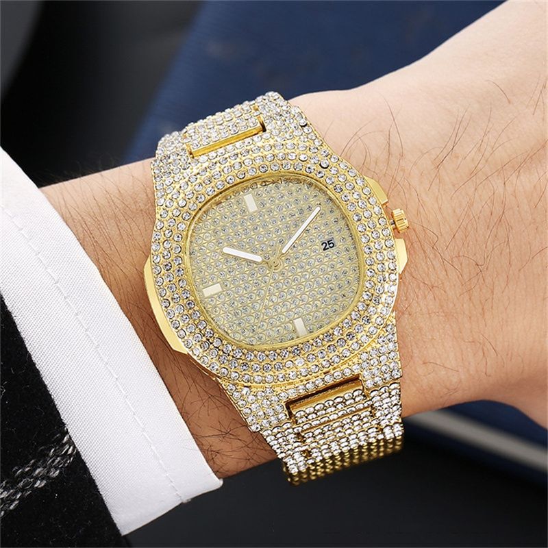 2pcs/set Fashionable Diamond Steel Band Calendar Quartz Watch Gypsophila Men‘s and Women's Hip-hop Cuban Chain Alloy Full Diamond Hip-hop Style Gold-plated men's and women's Bracelets Watch Set