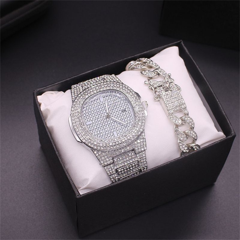 2pcs/set Fashionable Diamond Steel Band Calendar Quartz Watch Gypsophila Men‘s and Women's Hip-hop Cuban Chain Alloy Full Diamond Hip-hop Style Gold-plated men's and women's Bracelets Watch Set
