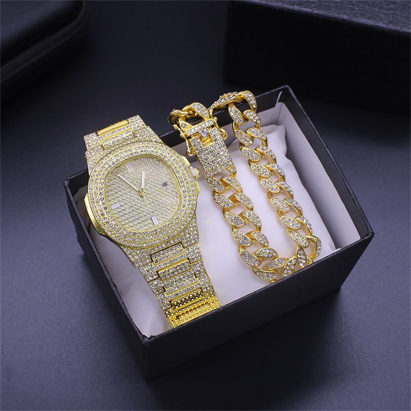2pcs/set Fashionable Diamond Steel Band Calendar Quartz Watch Gypsophila Men‘s and Women's Hip-hop Cuban Chain Alloy Full Diamond Hip-hop Style Gold-plated men's and women's Bracelets Watch Set