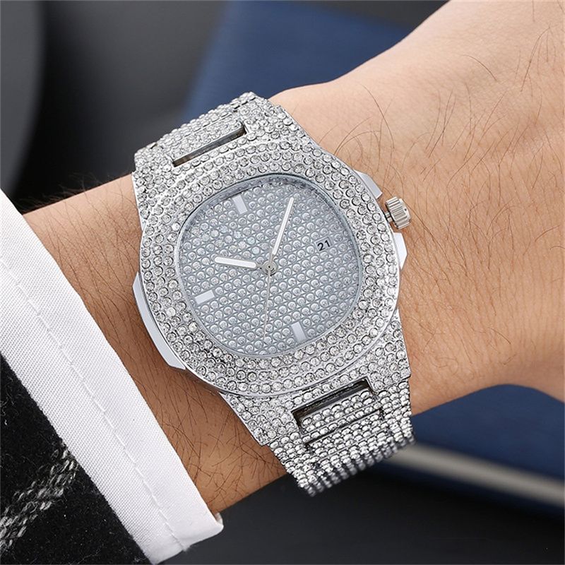 2pcs/set Fashionable Diamond Steel Band Calendar Quartz Watch Gypsophila Men‘s and Women's Hip-hop Cuban Chain Alloy Full Diamond Hip-hop Style Gold-plated men's and women's Bracelets Watch Set