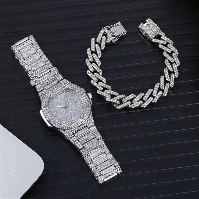 2pcs/set Fashionable Diamond Steel Band Calendar Quartz Watch Gypsophila Men‘s and Women's Hip-hop Cuban Chain Alloy Full Diamond Hip-hop Style Gold-plated men's and women's Bracelets Watch Set