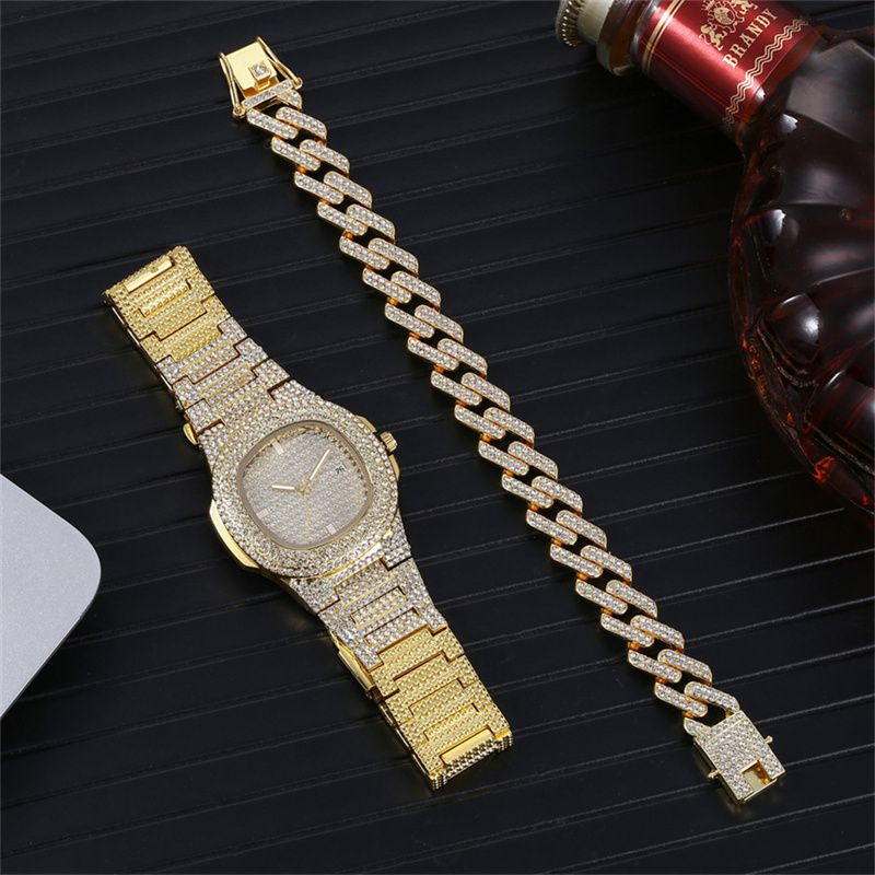 2pcs/set Fashionable Diamond Steel Band Calendar Quartz Watch Gypsophila Men‘s and Women's Hip-hop Cuban Chain Alloy Full Diamond Hip-hop Style Gold-plated men's and women's Bracelets Watch Set