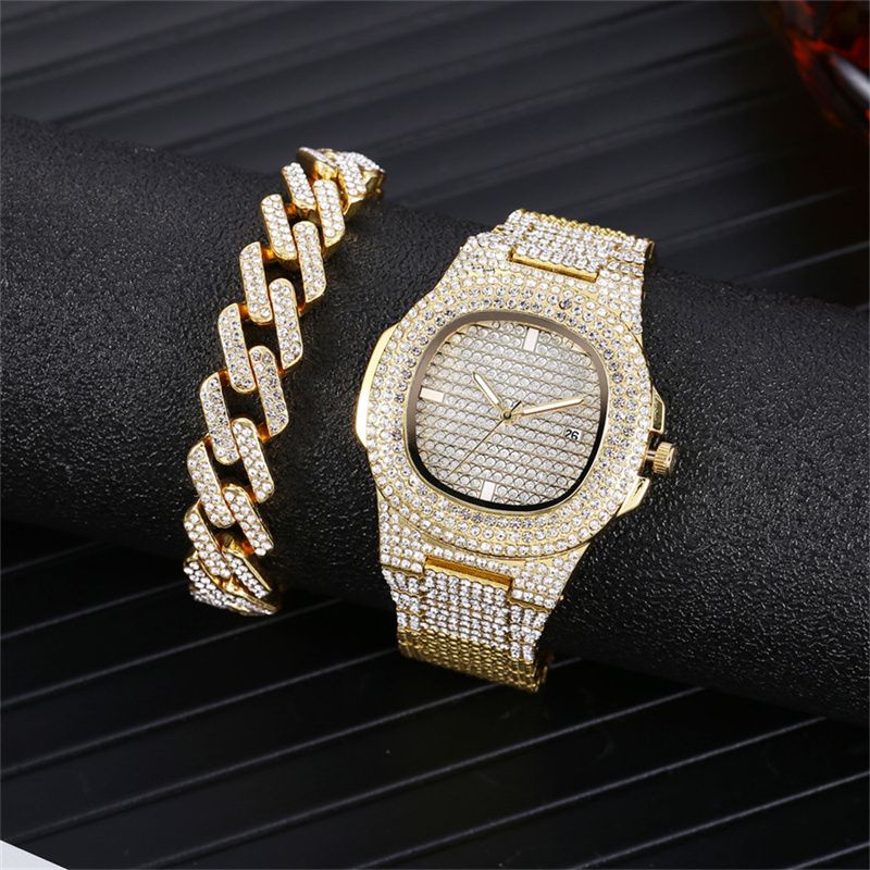 2pcs/set Fashionable Diamond Steel Band Calendar Quartz Watch Gypsophila Men‘s and Women's Hip-hop Cuban Chain Alloy Full Diamond Hip-hop Style Gold-plated men's and women's Bracelets Watch Set