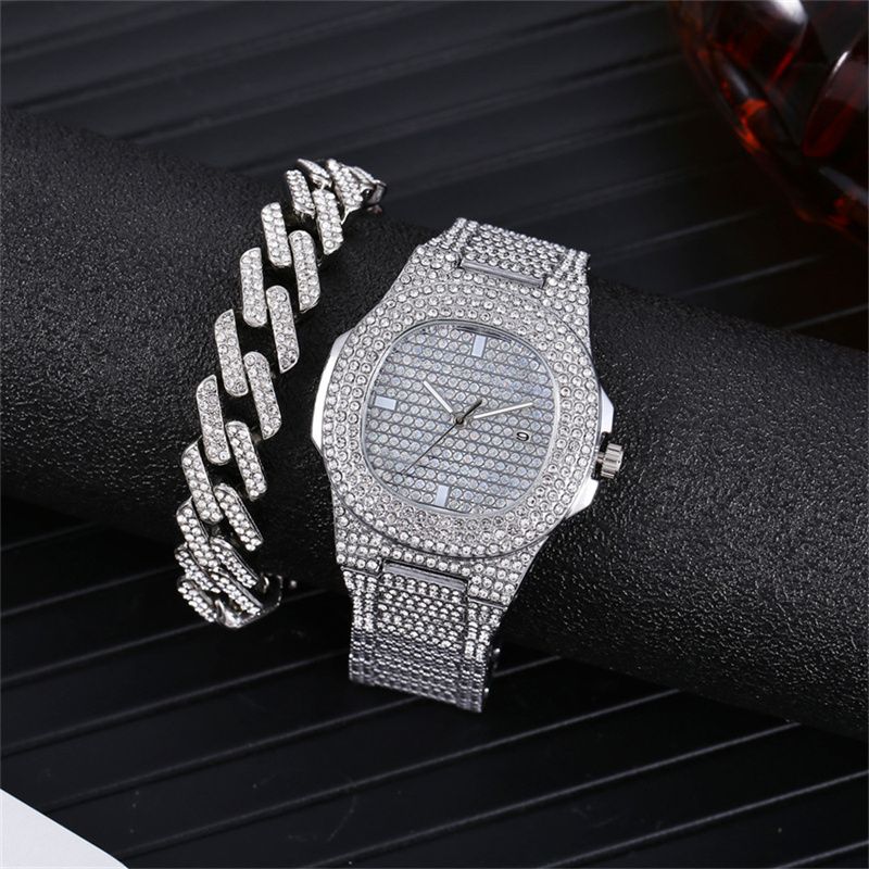 2pcs/set Fashionable Diamond Steel Band Calendar Quartz Watch Gypsophila Men‘s and Women's Hip-hop Cuban Chain Alloy Full Diamond Hip-hop Style Gold-plated men's and women's Bracelets Watch Set