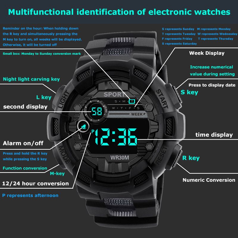 Middle and High School Students Boys Children Trendy Youth Watches Black Technology Waterproof Anti-fall Luminous Sports Electronic Watch