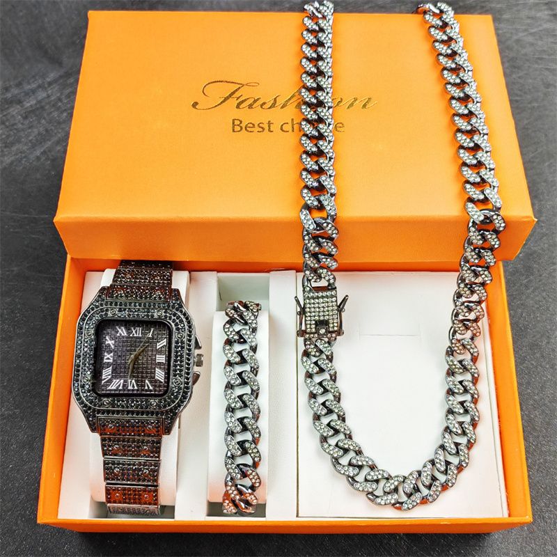 3pcs/set European and American High Quality Luxury Hip Hop Men's Watch Bracelet Necklace Full Diamonds Personalized Square Quartz Wrist Watch Diamond Inlaid Cuban chain Women's Ice Watch jewelry set