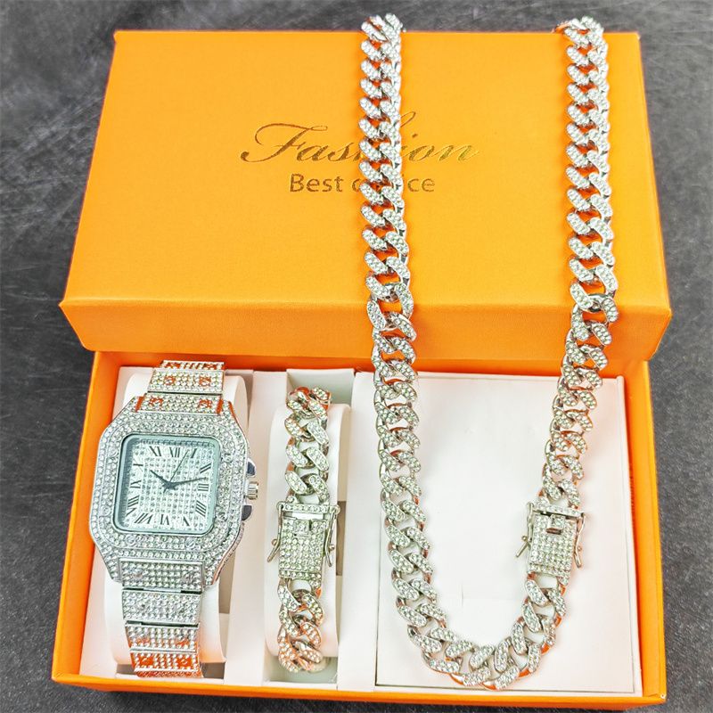 3pcs/set European and American High Quality Luxury Hip Hop Men's Watch Bracelet Necklace Full Diamonds Personalized Square Quartz Wrist Watch Diamond Inlaid Cuban chain Women's Ice Watch jewelry set
