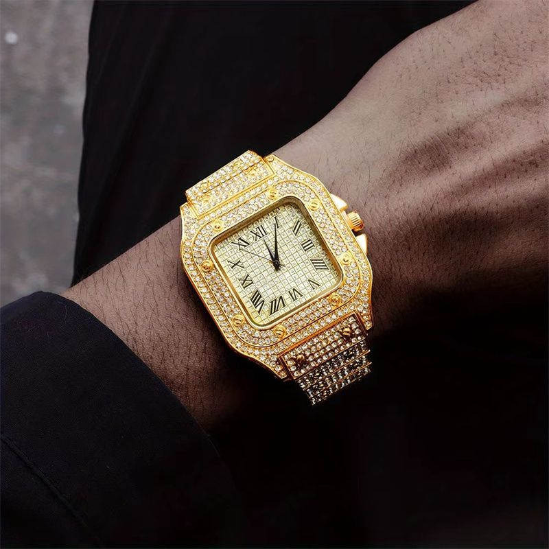 3pcs/set European and American High Quality Luxury Hip Hop Men's Watch Bracelet Necklace Full Diamonds Personalized Square Quartz Wrist Watch Diamond Inlaid Cuban chain Women's Ice Watch jewelry set