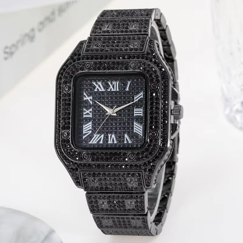 3pcs/set European and American High Quality Luxury Hip Hop Men's Watch Bracelet Necklace Full Diamonds Personalized Square Quartz Wrist Watch Diamond Inlaid Cuban chain Women's Ice Watch jewelry set