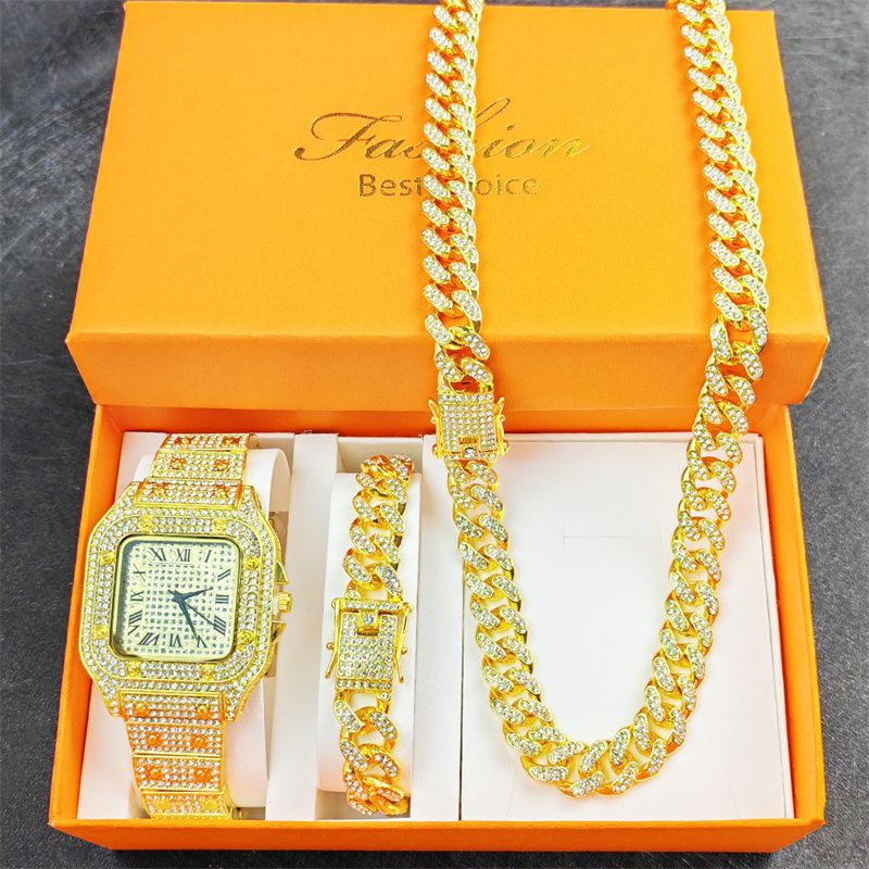 3pcs/set European and American High Quality Luxury Hip Hop Men's Watch Bracelet Necklace Full Diamonds Personalized Square Quartz Wrist Watch Diamond Inlaid Cuban chain Women's Ice Watch jewelry set