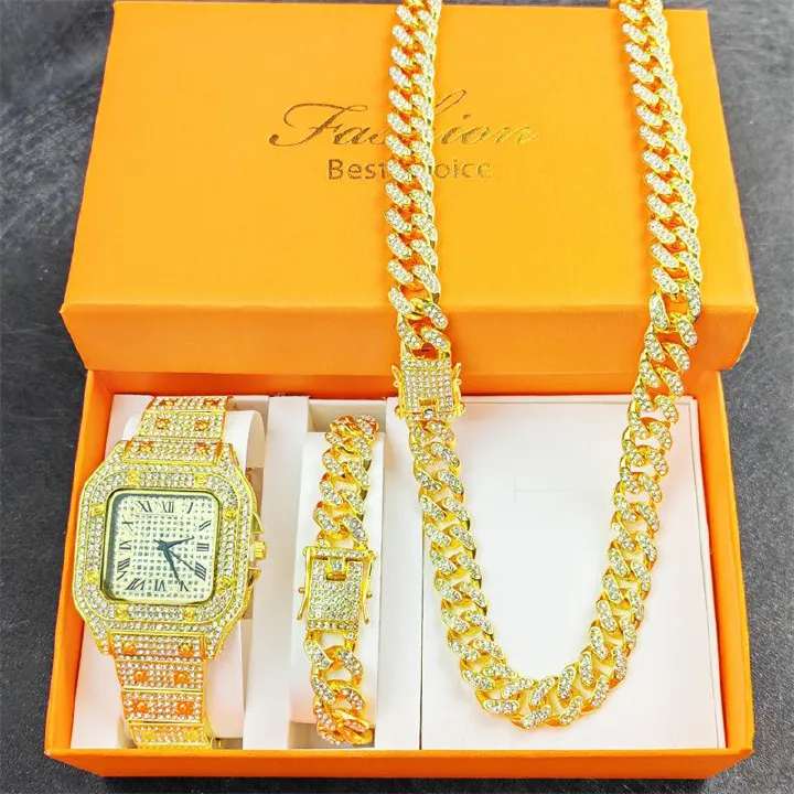 3pcs/set European and American High Quality Luxury Hip Hop Men's Watch Bracelet Necklace Full Diamonds Personalized Square Quartz Wrist Watch Diamond Inlaid Cuban chain Women's Ice Watch jewelry set