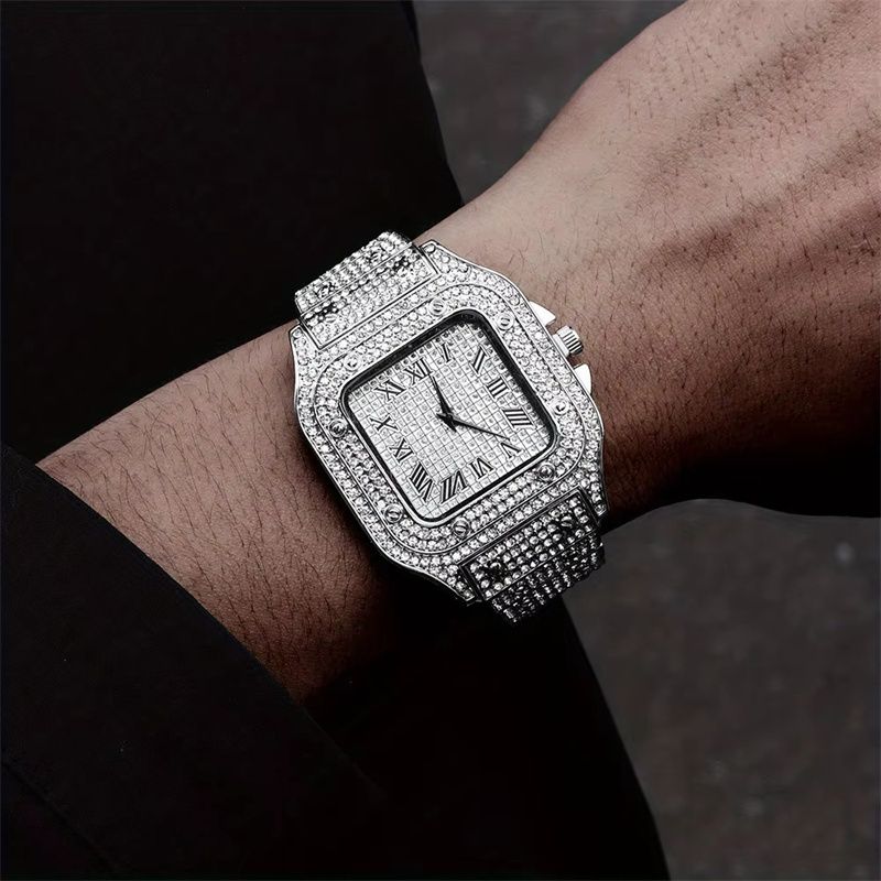 3pcs/set European and American High Quality Luxury Hip Hop Men's Watch Bracelet Necklace Full Diamonds Personalized Square Quartz Wrist Watch Diamond Inlaid Cuban chain Women's Ice Watch jewelry set