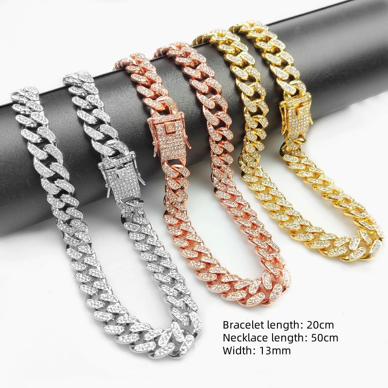 3pcs/set European and American High Quality Luxury Hip Hop Men's Watch Bracelet Necklace Full Diamonds Personalized Square Quartz Wrist Watch Diamond Inlaid Cuban chain Women's Ice Watch jewelry set
