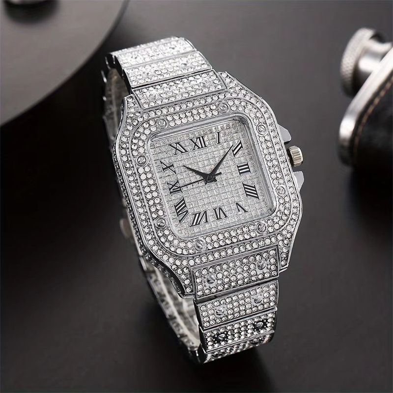 3pcs/set European and American High Quality Luxury Hip Hop Men's Watch Bracelet Necklace Full Diamonds Personalized Square Quartz Wrist Watch Diamond Inlaid Cuban chain Women's Ice Watch jewelry set