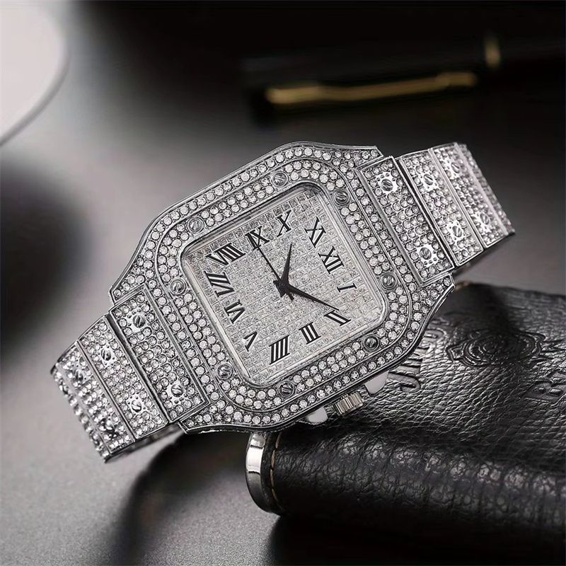 3pcs/set European and American High Quality Luxury Hip Hop Men's Watch Bracelet Necklace Full Diamonds Personalized Square Quartz Wrist Watch Diamond Inlaid Cuban chain Women's Ice Watch jewelry set