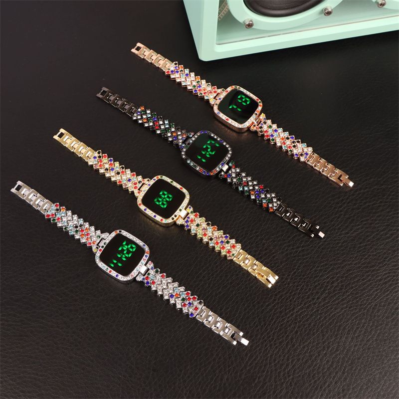 2pcs/set Women's Jewelry Watch Set Square Full Diamond LED Touch Screen Electronic Watches Large Rhinestone Bracelet Hip Hop Fashion Accessories